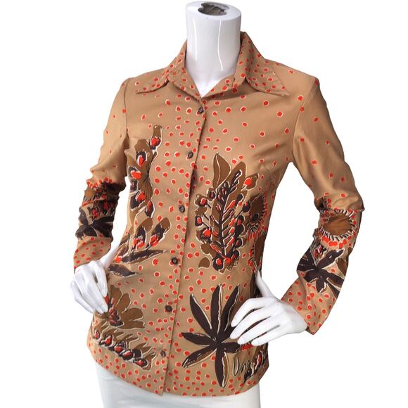 Vera Neumann Womens Size 8 Button Up Shirt Top Vintage Abstract Print Brown - Picture 1 of 13